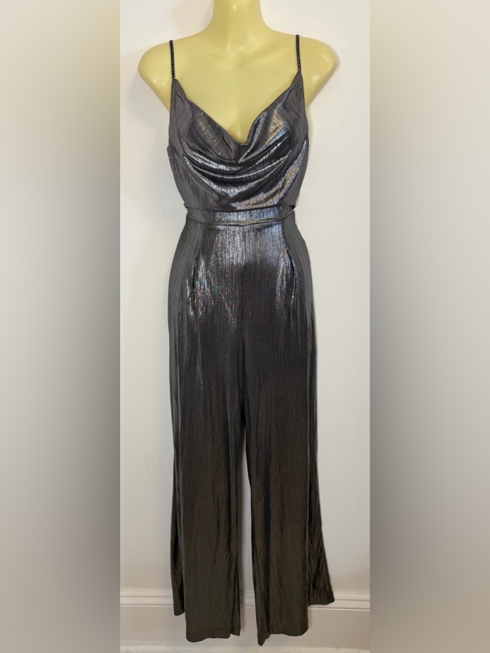 Endless Rose Metallic Charcoal Cowl-Neck Cami Bodice Jumpsuit